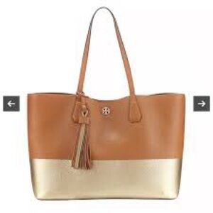 Tory Burch Perry Colorblock Pebbled Tote Bag in tan and gold